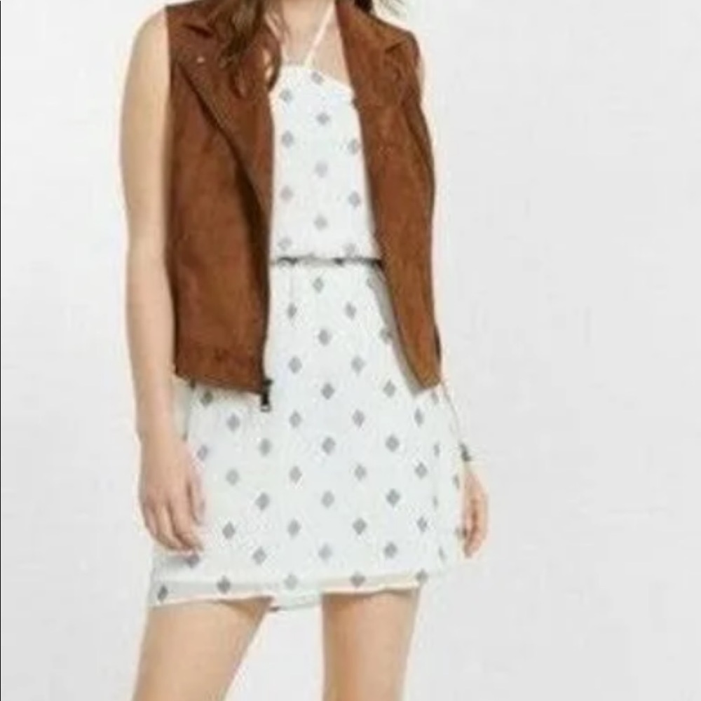Express Halter Dress White with blue Diamond Print Chiffon Elastic Waist